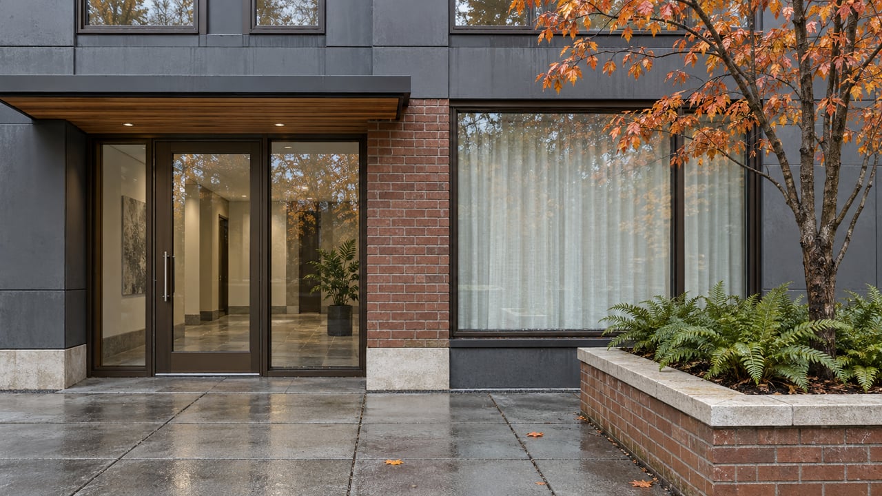 Contemporary residential entrance with charcoal panels, red-brown brick, bronze-framed glazing and an autumn serviceberry beside a damp paved forecourt.