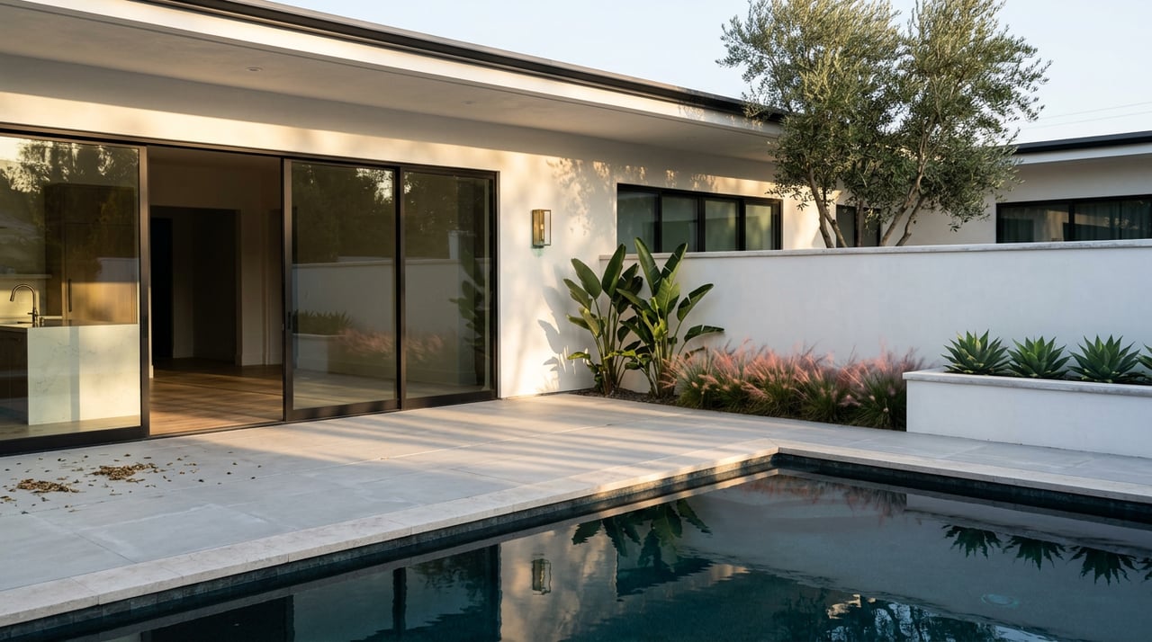 Modern home’s glass rear facade overlooks a dark-tiled pool, with an olive tree and tropical plants along the terrace.