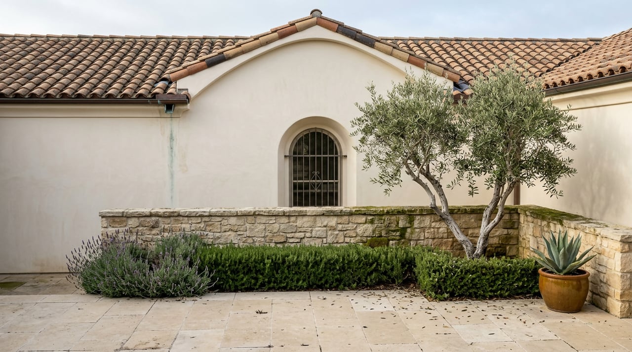 Mediterranean estate courtyard with an arched stucco window, travertine paving, olive tree, lavender, and agave.