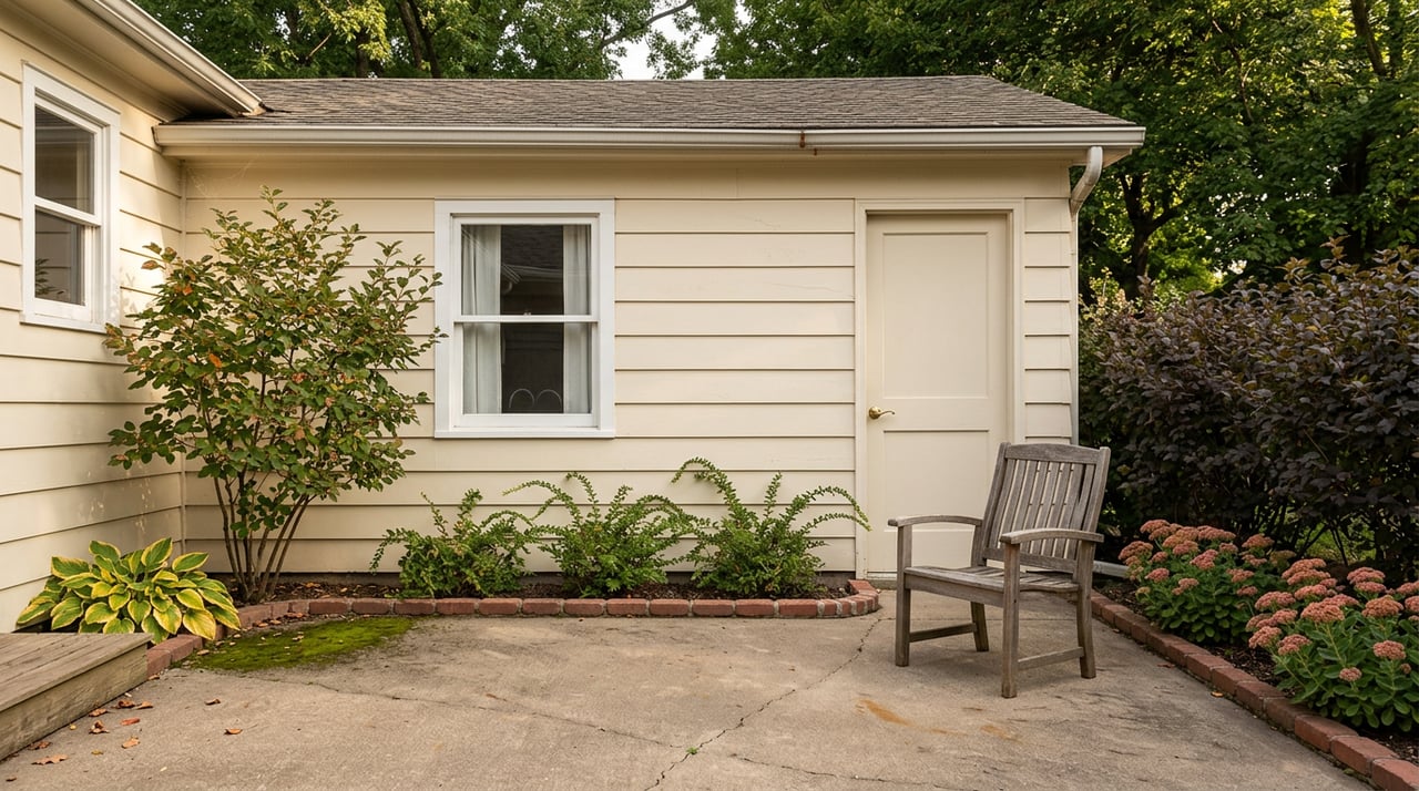 Small concrete patio beside a cream house, with a weathered wooden chair, brick-edged flower bed, and leafy hedge.