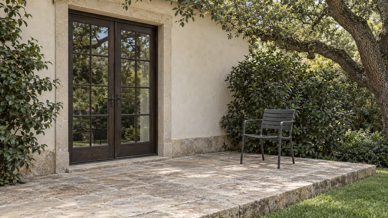 Closed timber French doors beside a limestone garden terrace, with a dark metal chair and mature oak canopy.