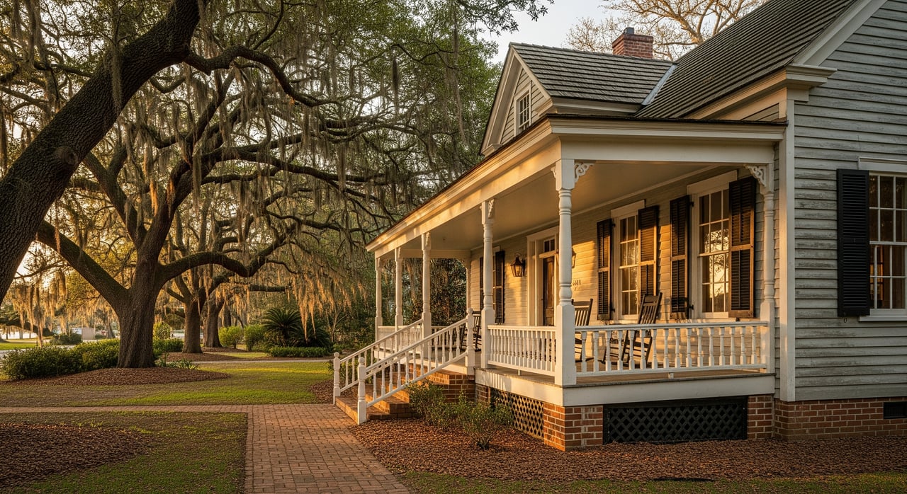 White clapboard house with a long columned porch beside sprawling oak trees draped in Spanish moss.