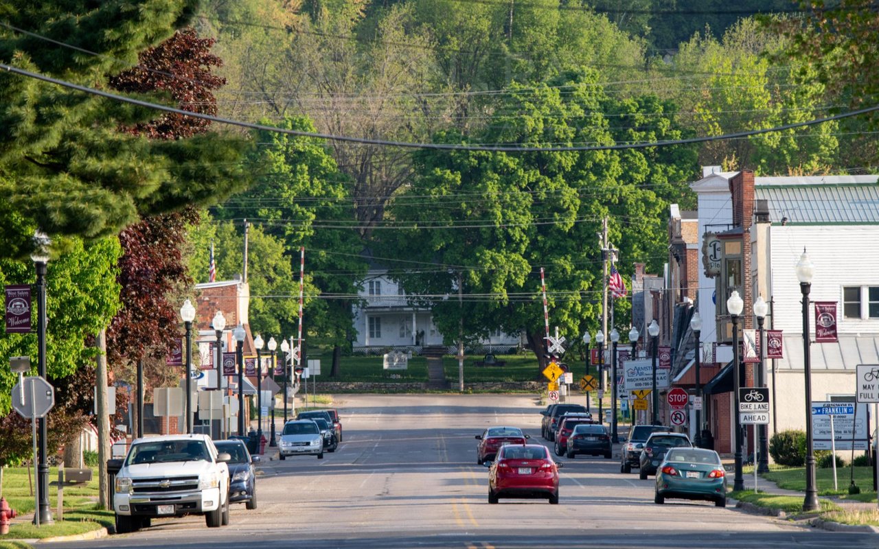 Charming view of West Salem’s historic Main Street in Wisconsin, featuring local shops, restaurants, and small-town character in the heart of the Driftless Region.