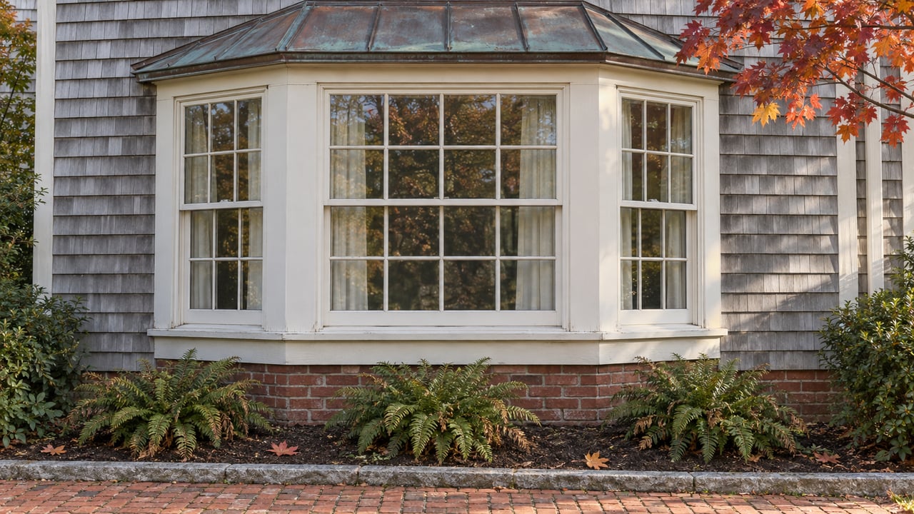 Weathered cedar shingles surround a white-trimmed bay window above a brick foundation, with autumn maple leaves and evergreen ferns.