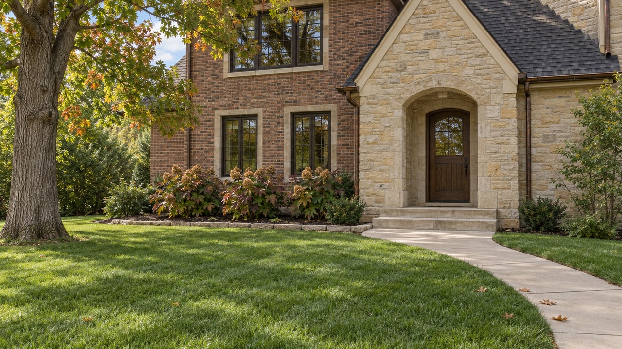 Limestone and brick house entry with a steep roof, oak door, deep lawn and early-autumn white oak canopy.