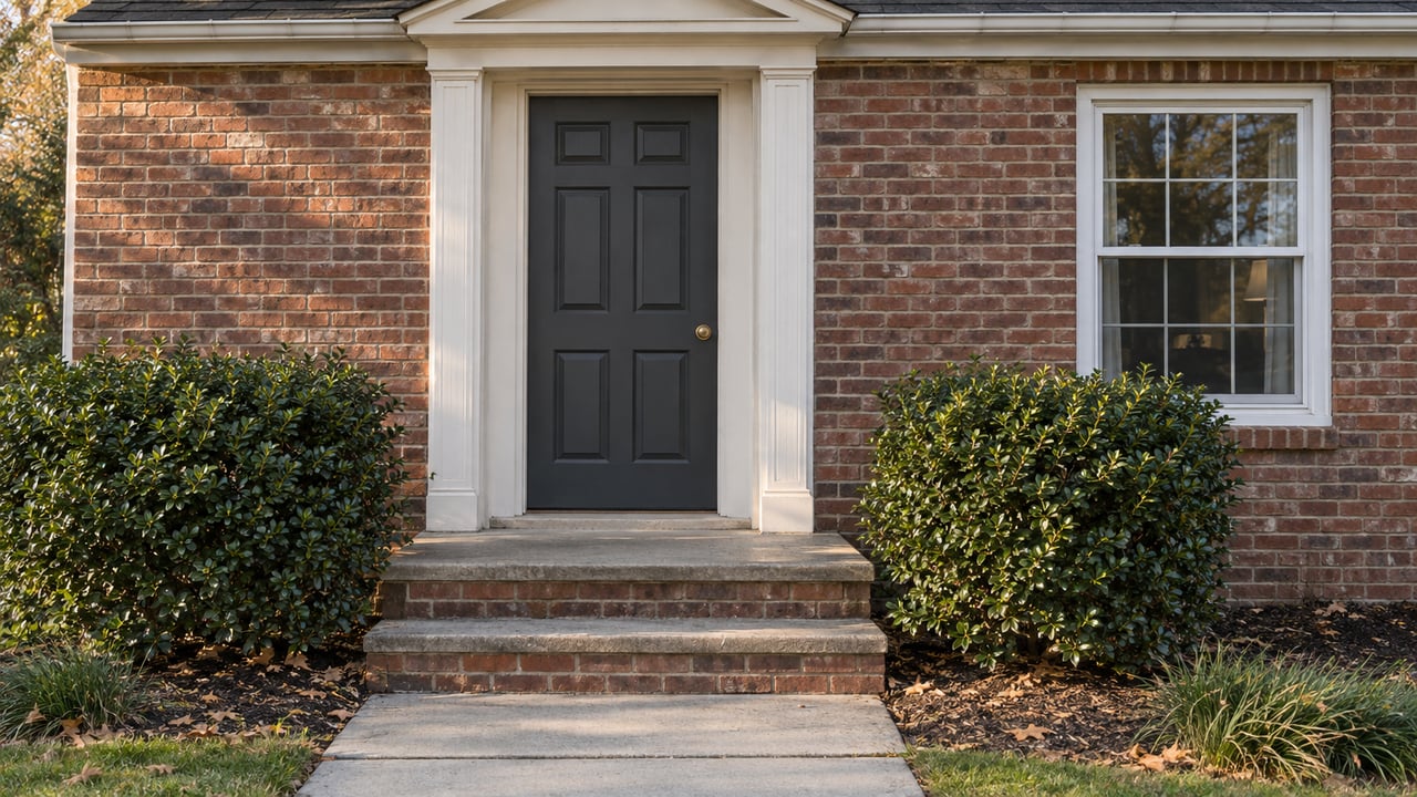 Brick house entrance with a recessed dark door, window, concrete steps, and shrubs beside the walk.