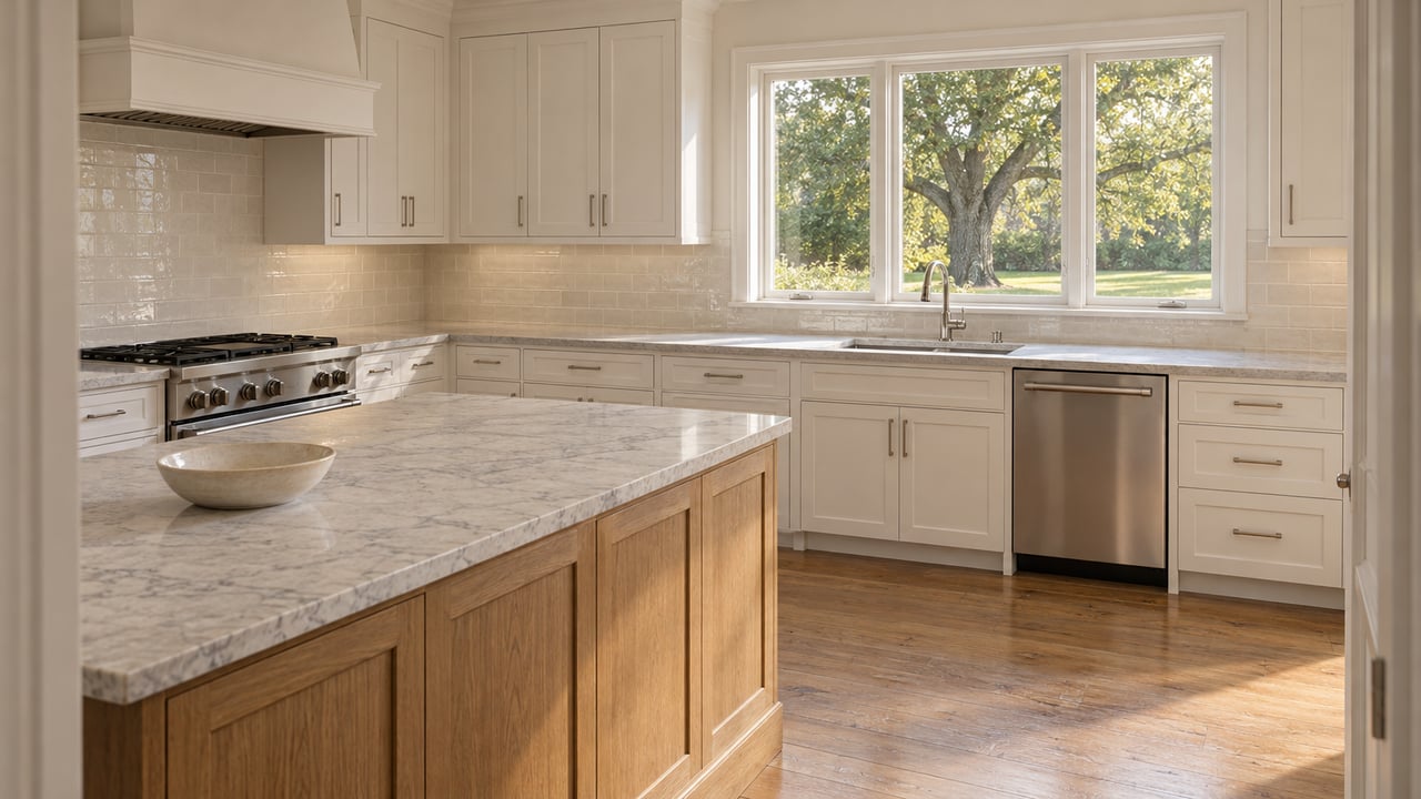 White shaker kitchen with an oak island, pale stone counters and daylight through a garden-facing window.