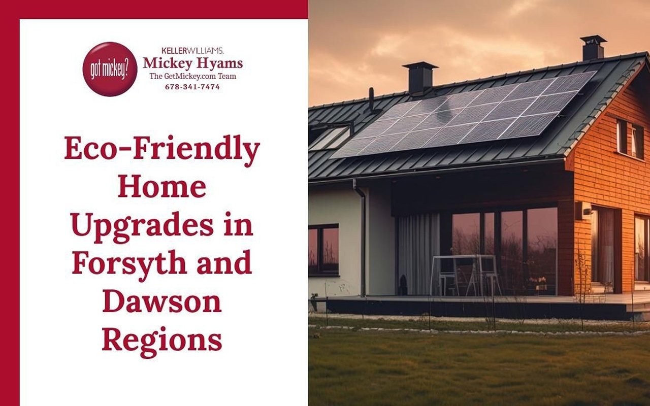 Eco-friendly home upgrades in Forsyth and Dawson, alongside a modern home with rooftop solar panels.