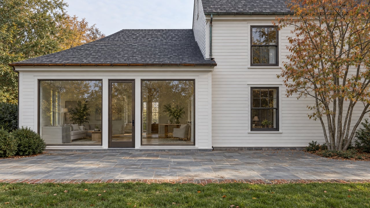 White clapboard house with a glass-walled rear addition opening onto a bluestone terrace and lawn.
