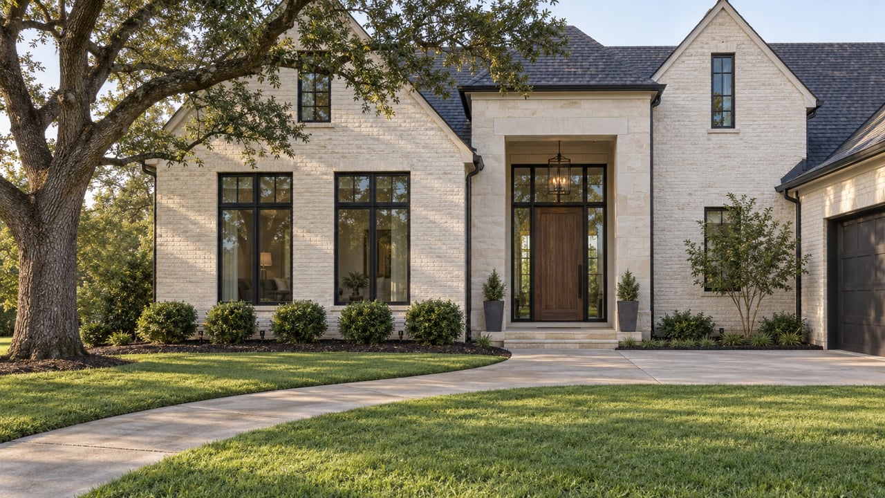 Cream brick home with steep dark gables, tall black-framed windows, a recessed wood entry and a long concrete approach across a manicured lawn.