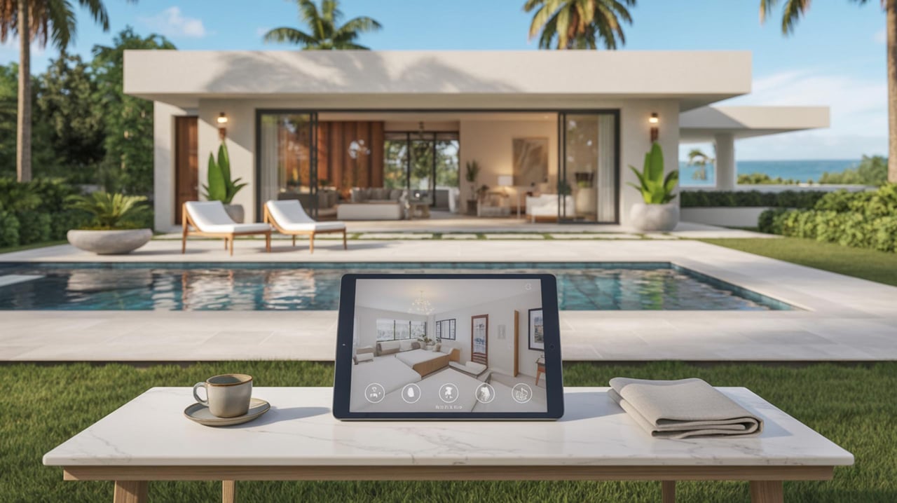 Tablet displaying a modern home interior beside a pool, with a tropical glass-fronted house beyond.