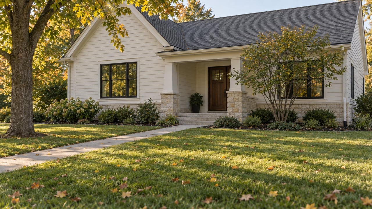 Off-white suburban house with a recessed porch, deep lawn, diagonal walkway, and yellowing maple.