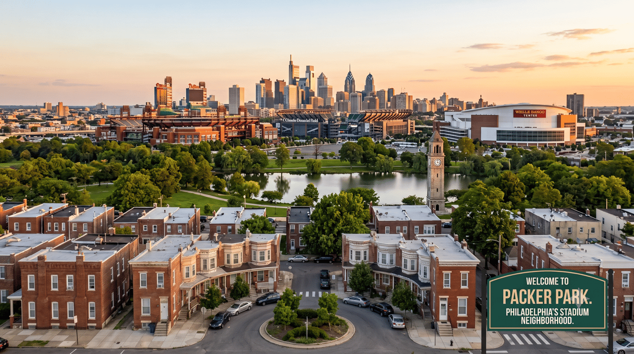 artisic image of packer park, center city and stadiums