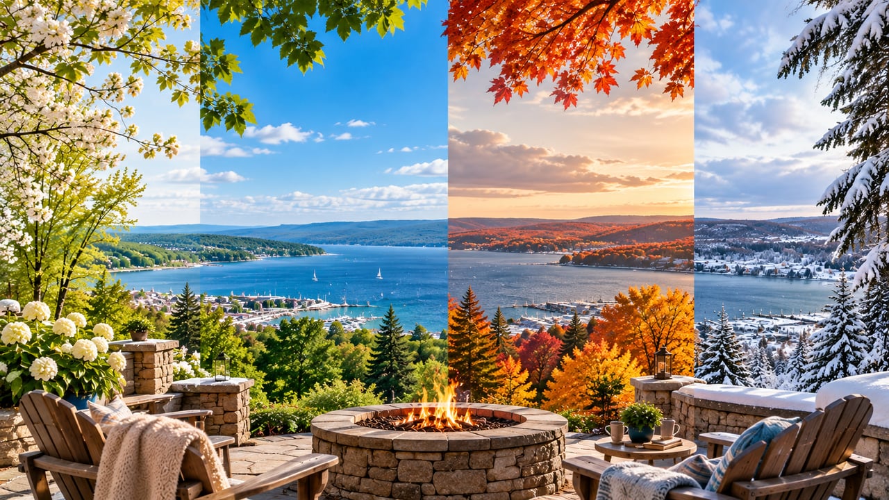 Stone patio with a fire pit overlooks a lake through all four seasons.