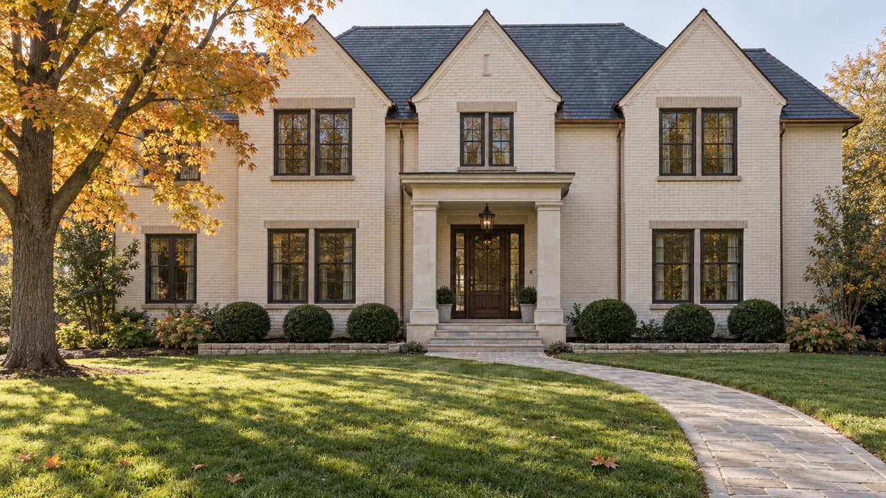Traditional painted-brick home behind a broad autumn lawn, with a limestone entry, curved stone walk, and amber sugar maple.