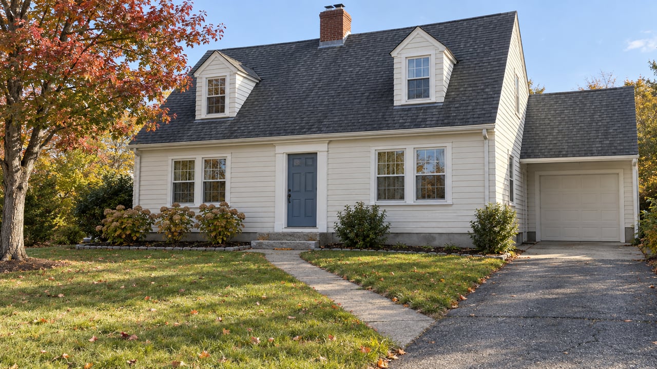 Ivory clapboard house with dormers, granite entry steps and a deep autumn lawn beside an asphalt driveway.