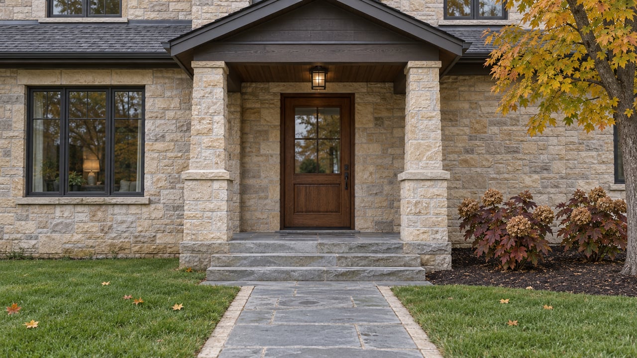 Autumn daylight on a limestone house entry with an oak door, bluestone approach and copper-colored maple foliage.