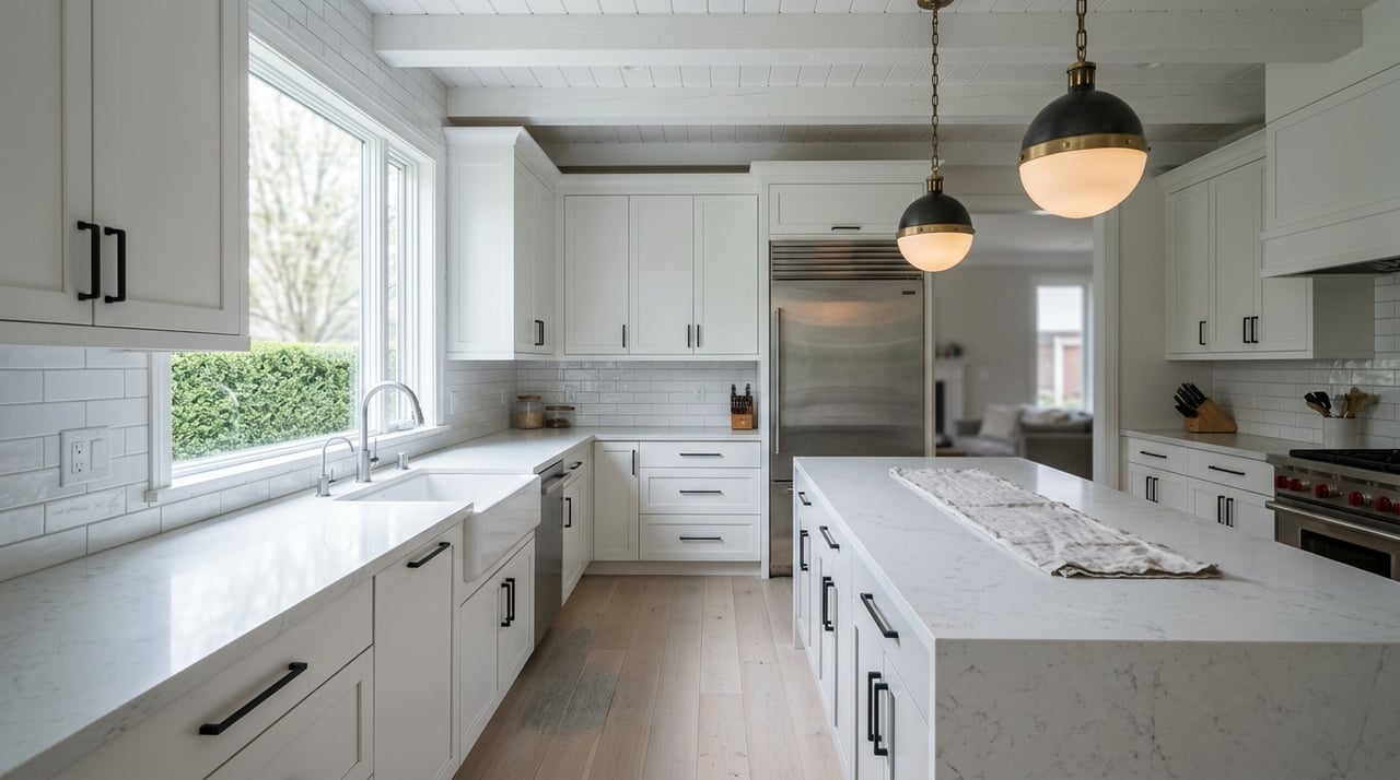 Custom kitchen with a quartz waterfall island, white shaker cabinets, exposed beams, and brass globe pendants.