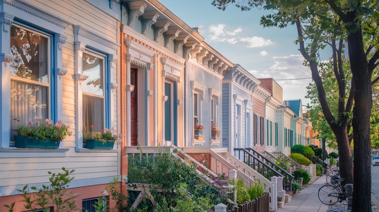 Pastel Victorian row houses line a sidewalk beneath a leafy tree, with bicycles parked nearby.
