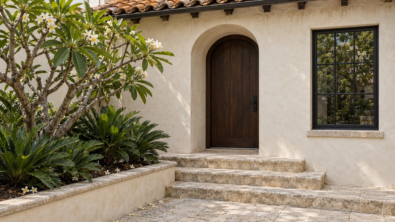 Historic ivory-stucco entry with a dark arched door, worn limestone steps, and a plumeria in a raised planter.