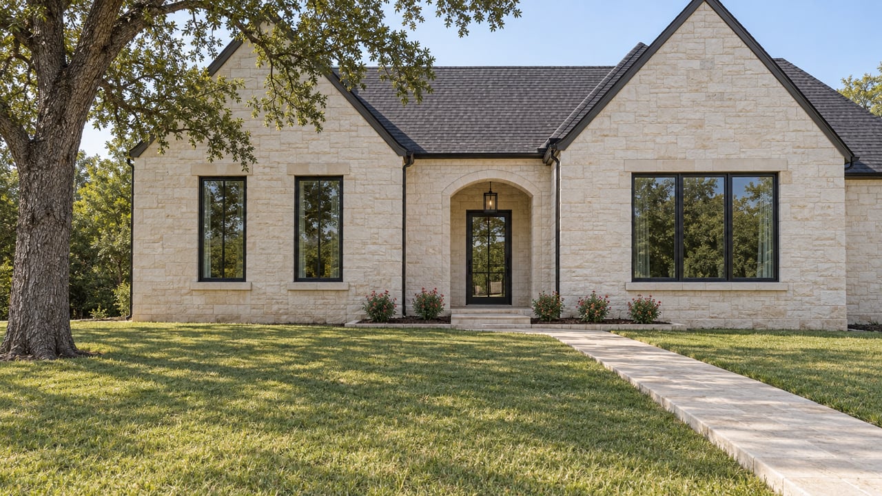 Pale limestone home with dark gables and tall black-framed windows beyond a broad lawn, a stone walk, and a mature live oak.