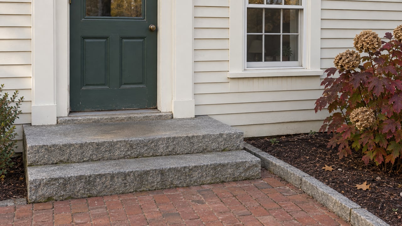 An ivory clapboard house entrance with a dark green door, granite steps, brick path and burgundy oakleaf hydrangea.