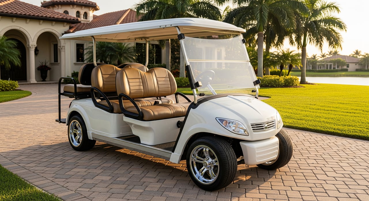 White golf cart with tan seats parked on a brick driveway before a tiled-roof villa and palm trees.