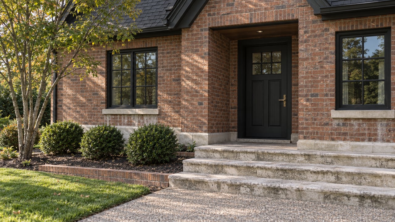 Brick home entry with a dark timber door, limestone steps, and three rounded boxwoods along the approach.