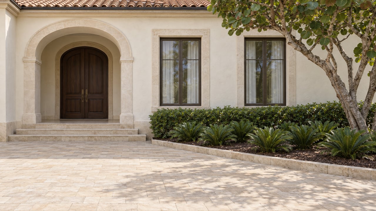 Cream stucco home with a tiled roof, recessed timber entry, bronze-framed windows and a pale stone motor court beside sculptural tropical planting.