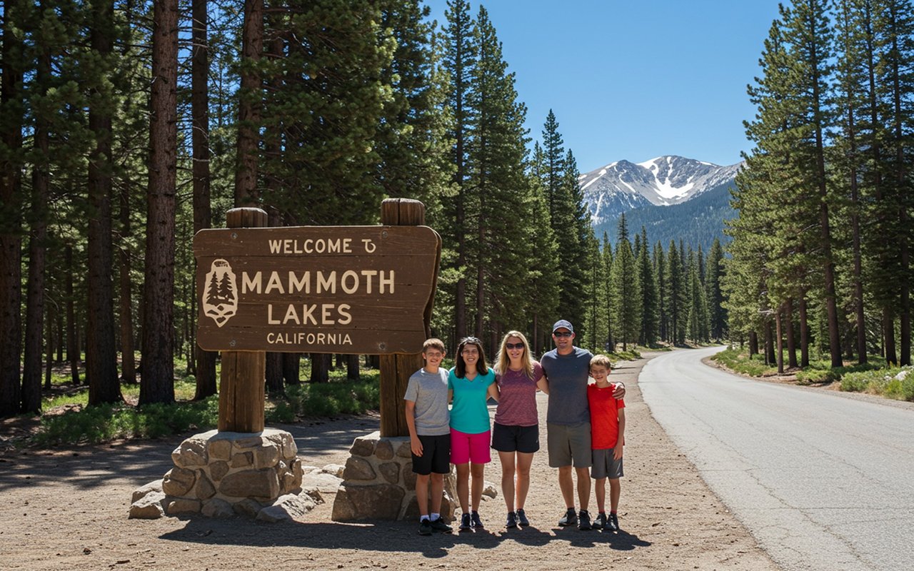 Family of five beside the Mammoth Lakes sign, with pine trees and a snow-streaked mountain behind them.