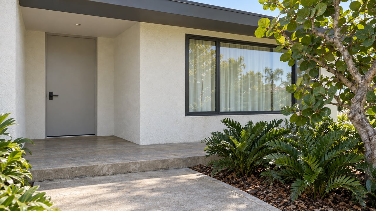 Sunlit off-white home entry with charcoal window frames, a pale-gray door, weathered concrete steps and sculptural sea grape planting.