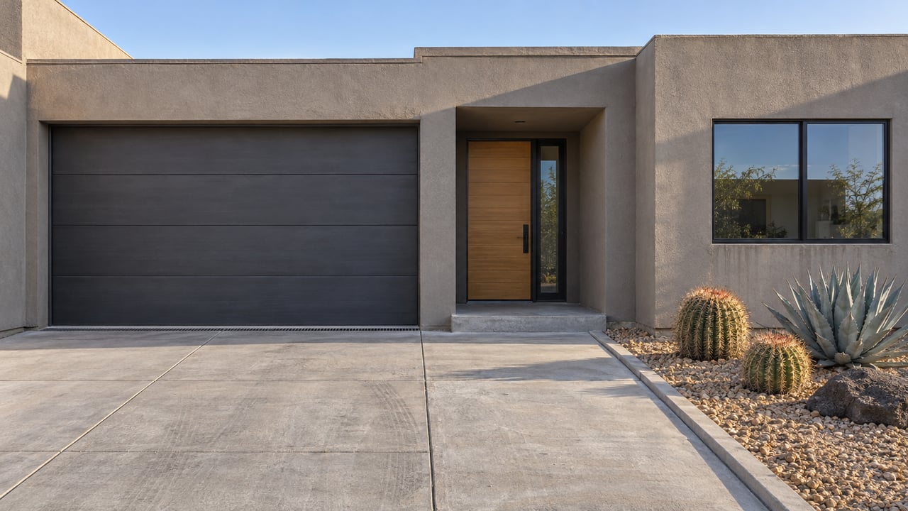 Attached single-story home with taupe stucco, charcoal garage door, recessed wood entry and a small gravel bed with blue agave and barrel cacti.