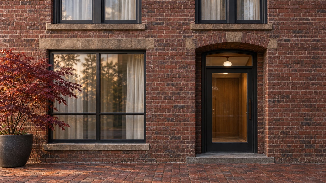 Sunlight grazes a red brick residential entrance with black-framed glass, worn clay paving and one burgundy-leaved maple in a ceramic planter.
