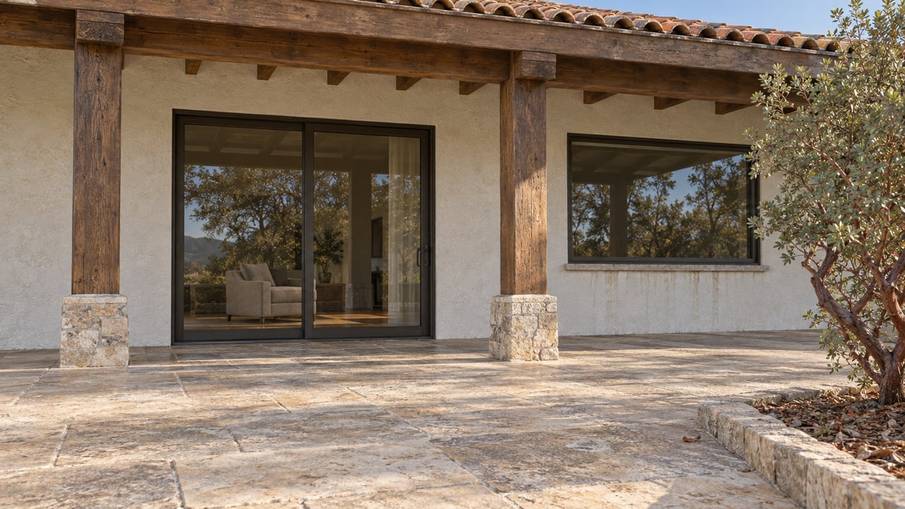 Low view across a limestone terrace toward a timber-shaded veranda with stucco walls, bronze-framed glazing and a sculptural manzanita.