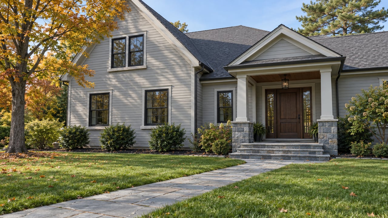 Light gray gabled home with dark windows, a covered stone entrance and a bluestone path crossing a deep autumn lawn.