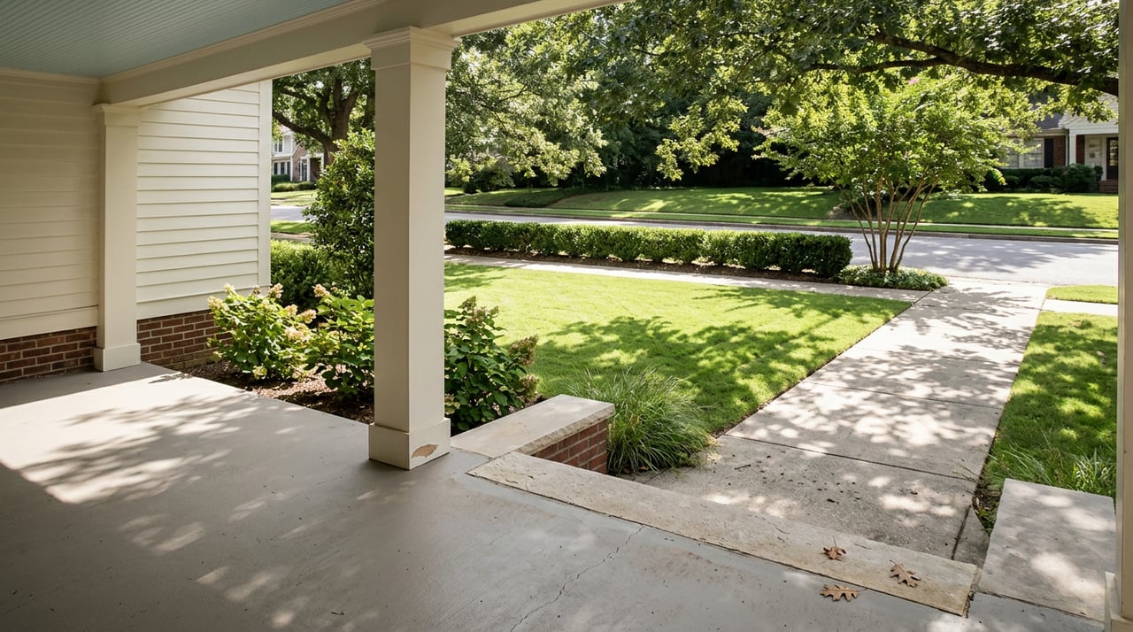 Covered porch with white column and brick foundation overlooking a tree-lined front walk and clipped hedge.