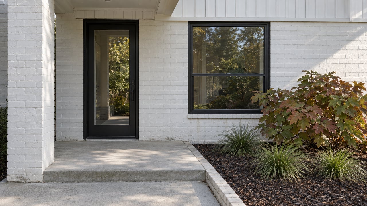 White brick and board-and-batten home entry with a black glazed door, concrete steps, and autumn oakleaf hydrangea beside a brick-edged planting bed.