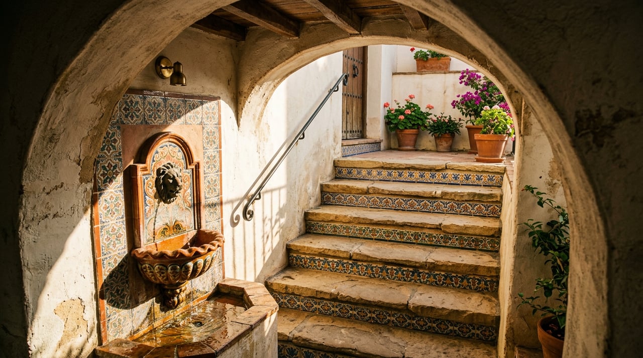 Curved stone steps descend beside a tiled wall fountain within a whitewashed stucco arch.