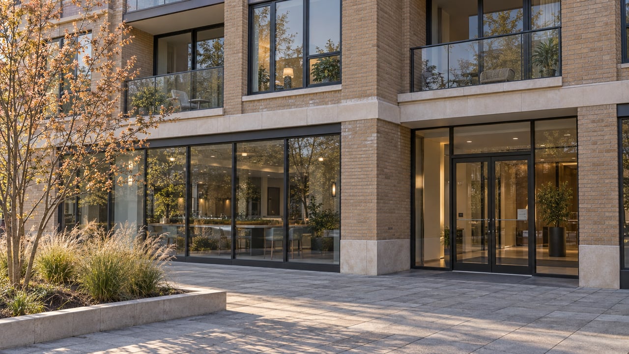 Buff brick mixed-use building with glass balconies, a glazed storefront and lobby, and a small planted tree.