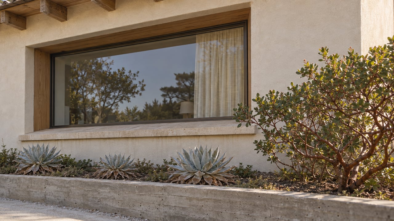 Ivory stucco home with a bronze-framed picture window, timber eave and silver succulent rosettes beside a branching manzanita.