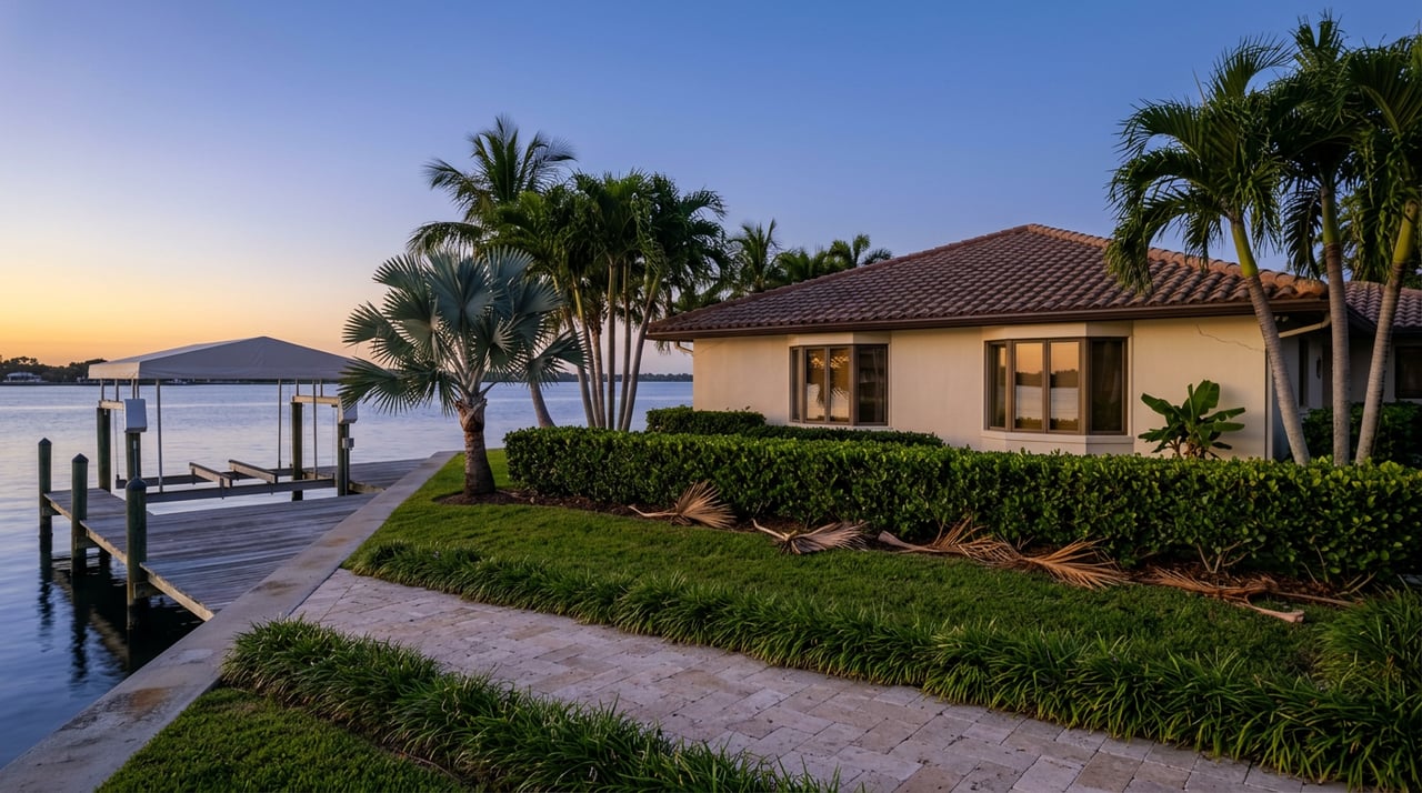 Waterfront home with terracotta roof and palm-framed glass facade beside a dock and calm indigo bay.
