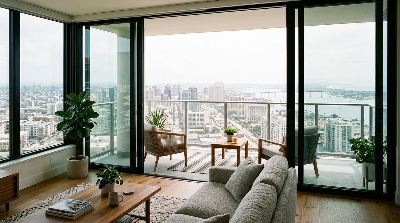 Living room meets balcony through glass doors, with matching pale floors and a teak chair outside.