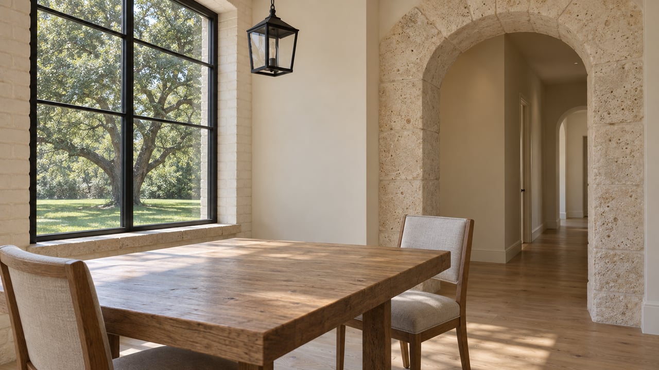 Sunlit breakfast-room corner with an oak table, linen-seated chairs, a black-framed window, and a limestone arch into an enclosed hallway.