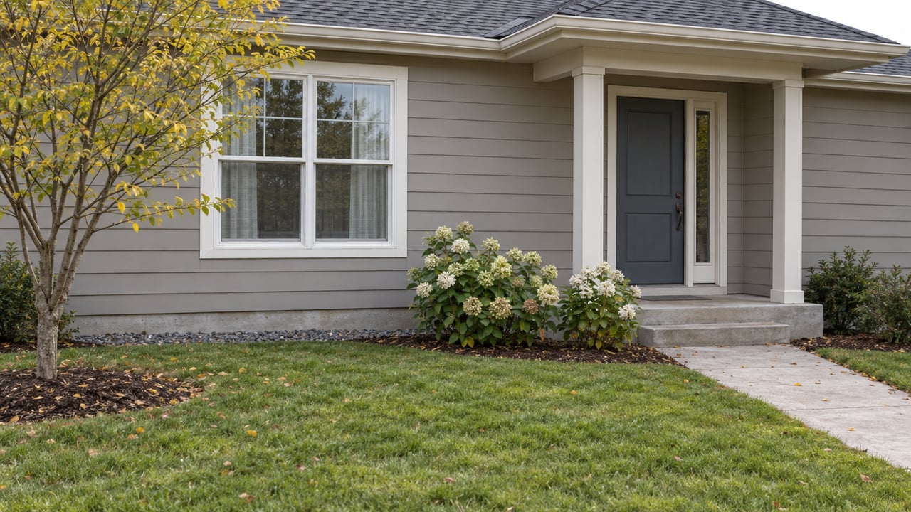 A modest gray single-story house with a divided window, sidelight, concrete steps, and lawn.