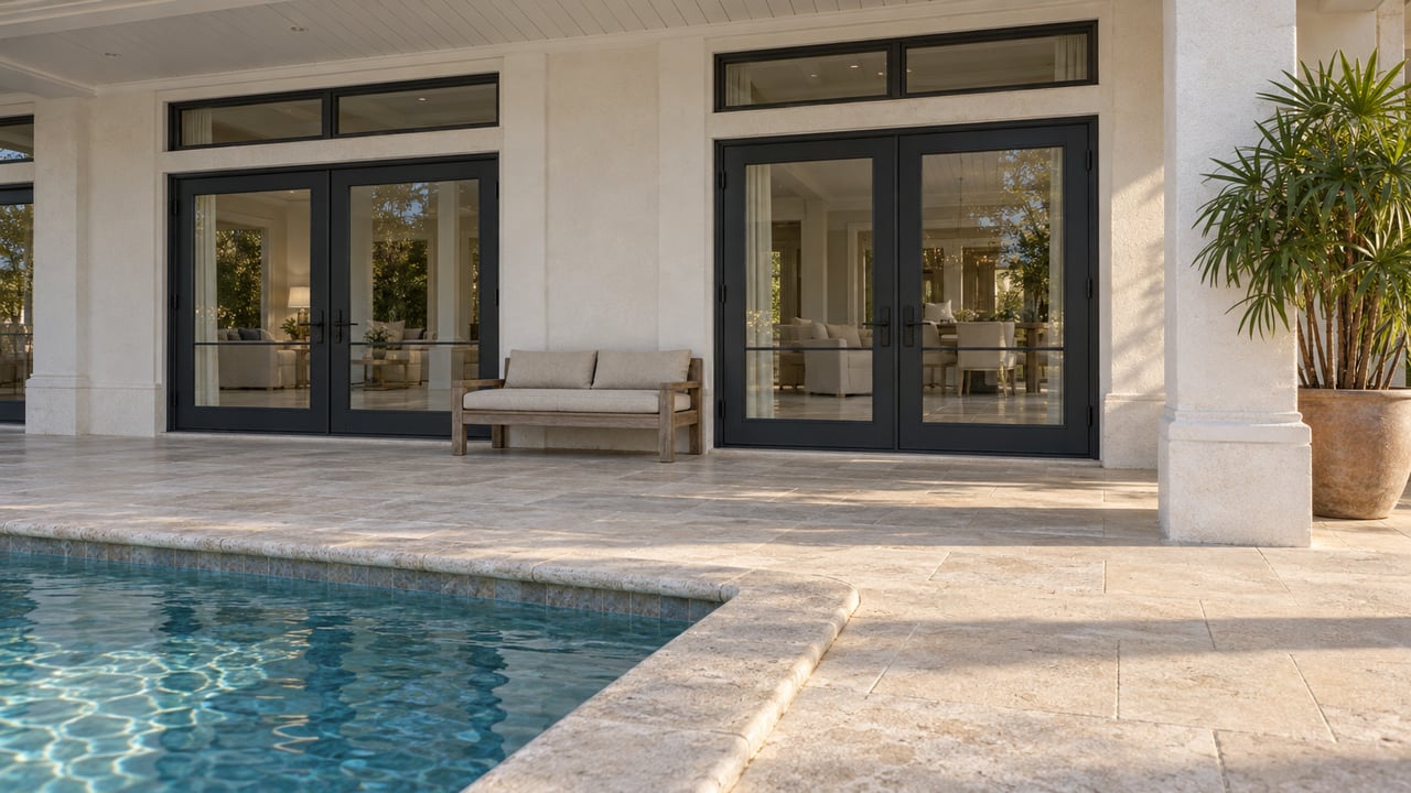 White masonry home's covered terrace with black-framed French doors, worn limestone paving, a teak bench and the corner of a pool.