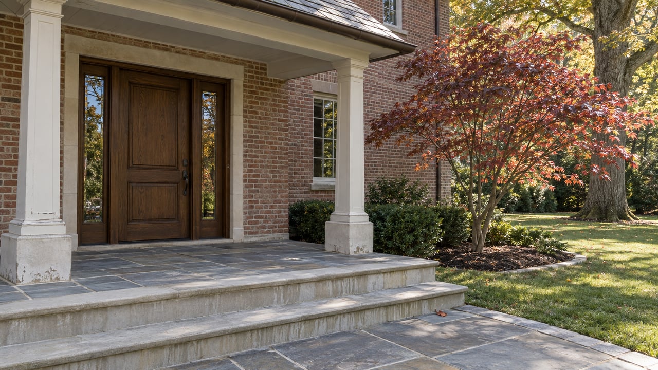 Brick home's covered oak entry, flagstone steps, and a burgundy-leaved dogwood beside a spacious autumn lawn.