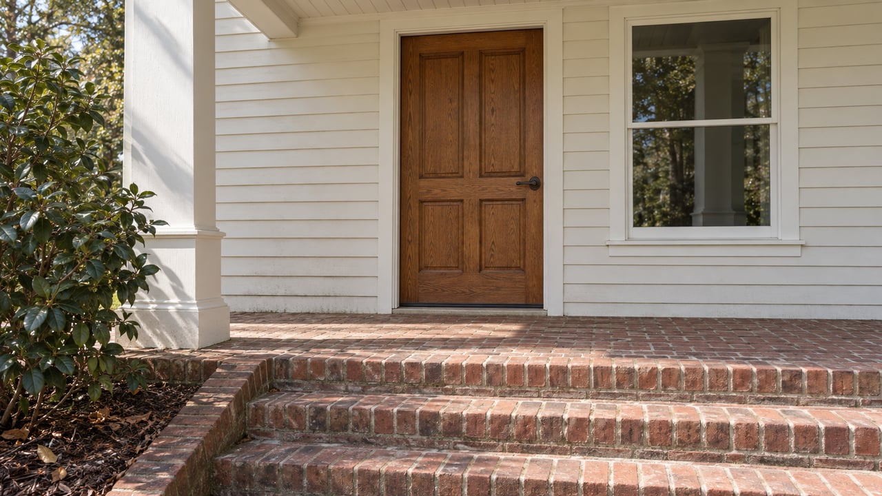 Close view of a covered home entrance with an oak door, pale clapboard siding, weathered red brick steps and a dark-green camellia.
