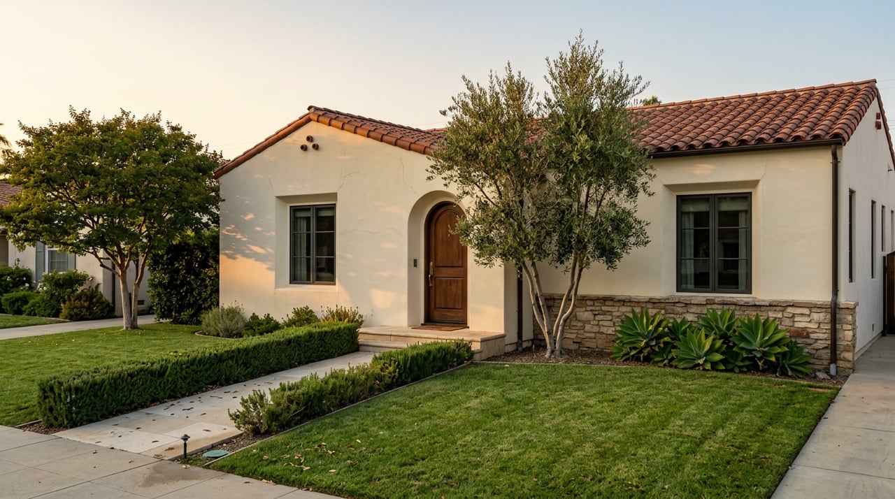 Cream stucco residence with a terracotta roof, arched wood entry, stone base, and olive tree beside the path.