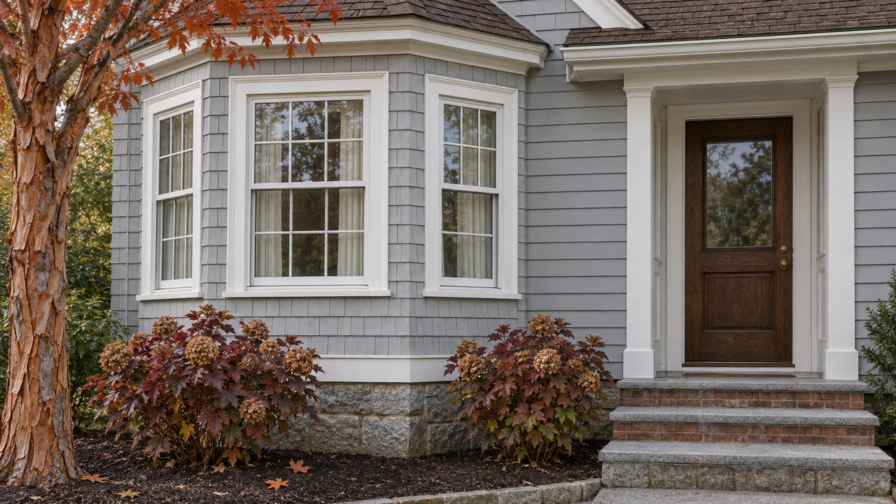 Gray shingled bay windows beside a recessed oak front door, with granite steps and autumn oakleaf hydrangeas.