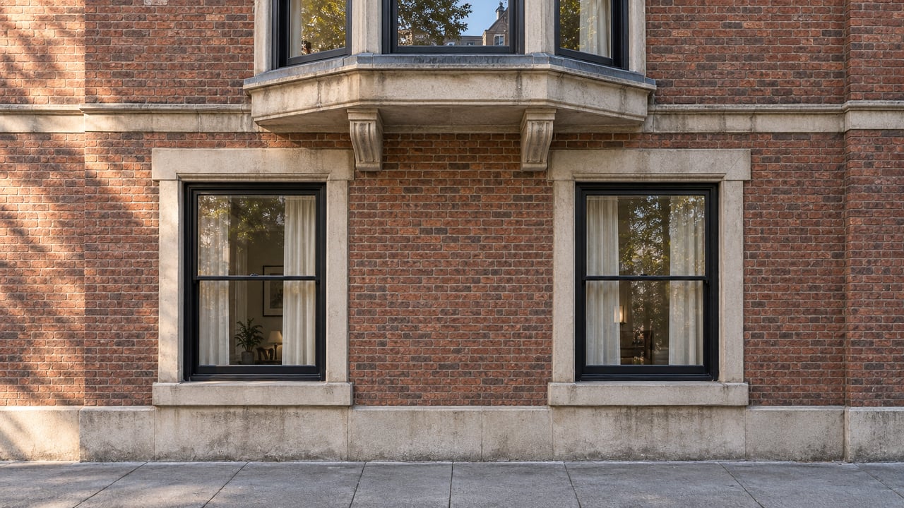Morning light on a red-brick townhouse facade with a three-sided bay, dark sash windows, limestone trim, and gray sidewalk.